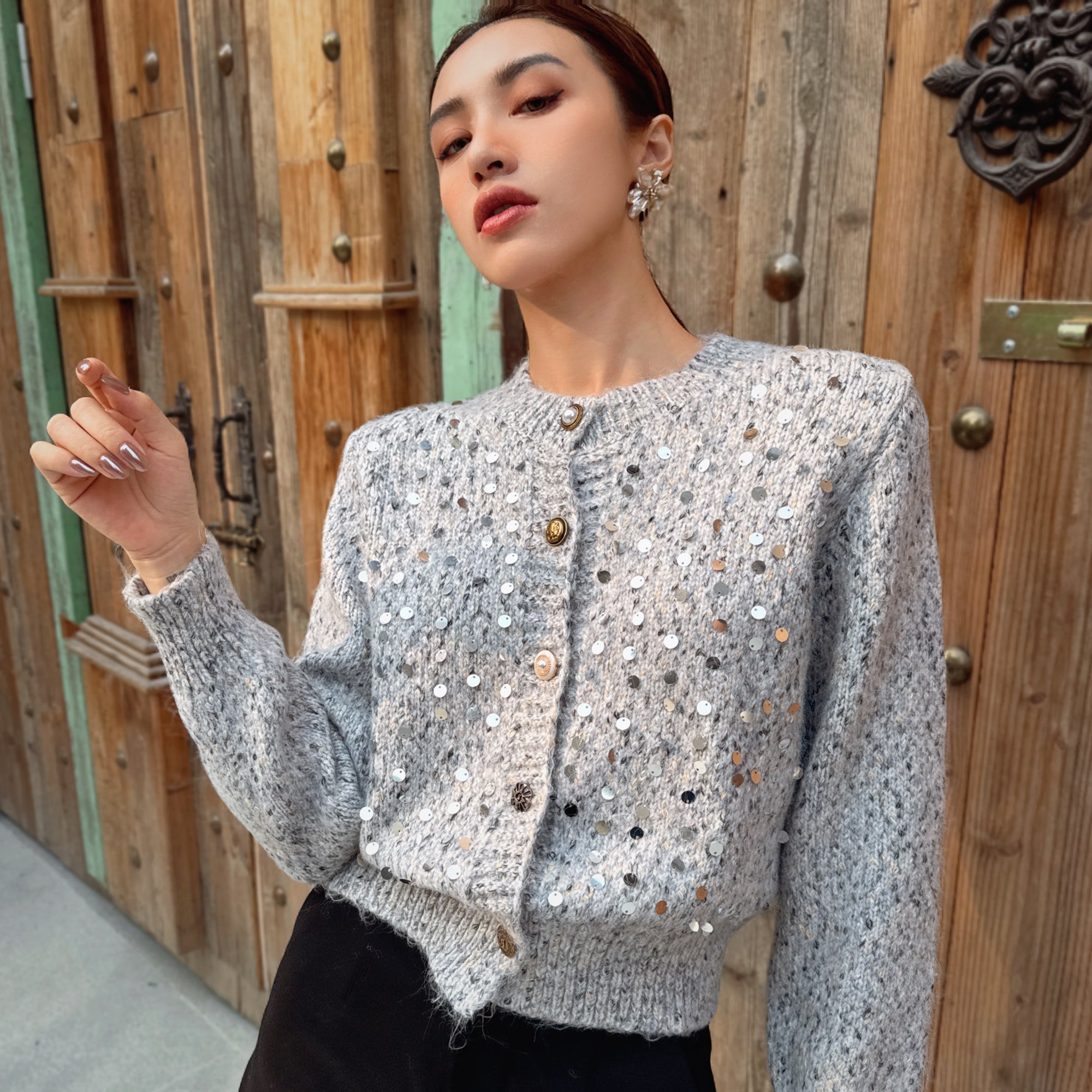 Gray Sequin Cardigan Sweater - Cropped Cozy Sparkly Knit – Dabuwawa