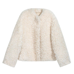 A fluffy, white, long-sleeved jacket is shown against a white background.