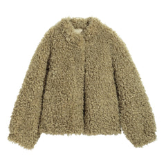 A long, furry, brown jacket with a collar and buttons.