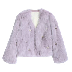 A long-sleeved purple fur coat with decorative buttons on the front.