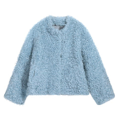 A light blue, fluffy, long-sleeved jacket or cardigan with a collar and buttons.