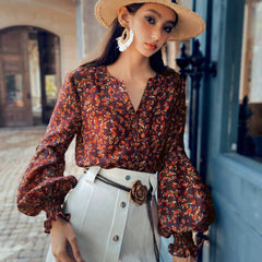 Boho Rose Bloom Bishop-Sleeve Blouse – Burgundy