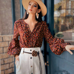 Boho Rose Bloom Bishop-Sleeve Blouse – Burgundy