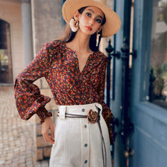 Boho Rose Bloom Bishop-Sleeve Blouse – Burgundy