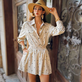 Beige Bow-Print Shirt & Shorts Matching Set