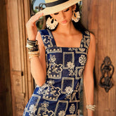 Embroidered Linen-Blend Summer Dress, Boho Chic Square Neck Midi Dress with Floral Pattern