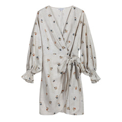 Linen-Blend Floral Wrap Mini Dress – Oatmeal