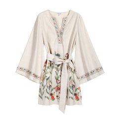 Boho Floral Embroidered Belted Tunic Mini Dress – Kimono Bell Sleeves