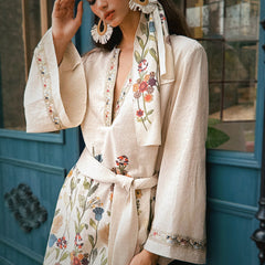 Boho Floral Embroidered Belted Tunic Mini Dress – Kimono Bell Sleeves