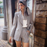 Women's 2-Piece Set Grey Polka Dot Blazer & High-Waist Shorts