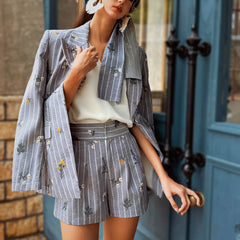 Boho Pinstripe Floral Suit Set — Blazer + Pleated Shorts