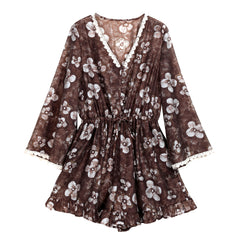 Boho Lace-Trim Bell-Sleeve Floral Romper – Cocoa