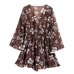 Boho Lace-Trim Bell-Sleeve Floral Romper – Cocoa