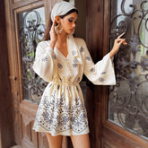Ivory Boho Embroidered Scallop-Hem Mini Dress