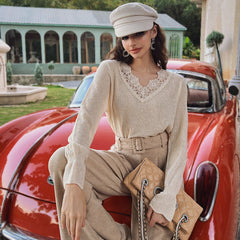 Apricot Knit Top — Lace V-Neck & Fluted Cuffs