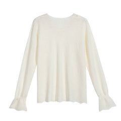 White Knit Top — Lace V-Neck & Fluted Cuffs (One Size)