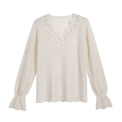 Apricot Knit Top — Lace V-Neck & Fluted Cuffs