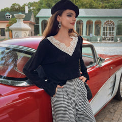 Black Knit Top — Lace V-Neck & Fluted Cuffs