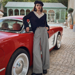 Black Knit Top — Lace V-Neck & Fluted Cuffs