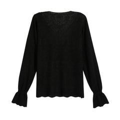 Black Knit Top — Lace V-Neck & Fluted Cuffs
