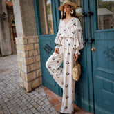 Ivory Pinstripe Floral Wide-Leg Pants