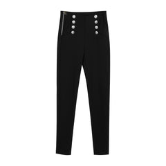 Black High-Waist Sailor Button Skinny Pants