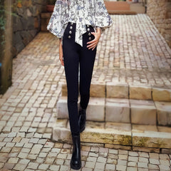 Black High-Waist Sailor Button Skinny Pants