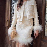 High-Waist Bouclé Pencil Skirt — Feather-Trim Hem