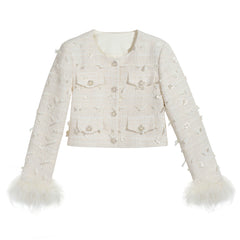 Cropped Bouclé Jacket — Feather-Cuff Crop