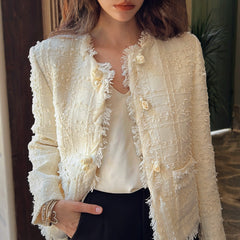 Ivory Wool-Blend Boucle Cropped Jacket with Rosette and Pearl Ties