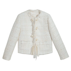 Ivory Wool-Blend Boucle Cropped Jacket with Rosette and Pearl Ties