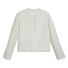 Ivory Wool-Blend Boucle Cropped Jacket with Rosette and Pearl Ties