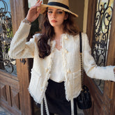 Ivory Wool-Blend Boucle Cropped Jacket with Rosette and Pearl Ties