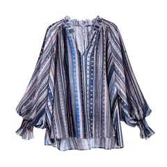 Blue Mocha Boho Stripe Balloon-Sleeve Blouse