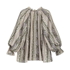 Olive Paisley Stripe Balloon-Sleeve Boho Blouse