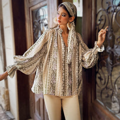 Olive Paisley Stripe Balloon-Sleeve Boho Blouse