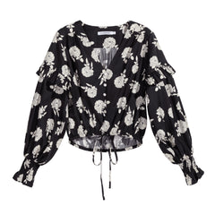 Black Floral Drawstring V-Neck Blouse