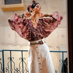 Burgundy Vintage-Print Shirred Waist Boho Blouse