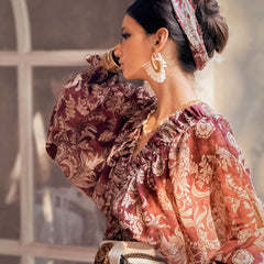 Burgundy Vintage-Print Shirred Waist Boho Blouse