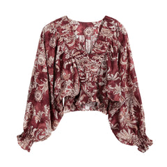 Burgundy Vintage-Print Shirred Waist Boho Blouse
