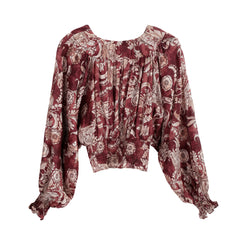 Burgundy Vintage-Print Shirred Waist Boho Blouse