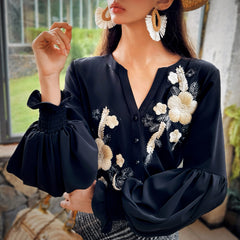 Black Embroidered Button-Down Blouse.