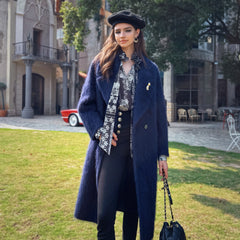 Navy Long Coat — Wool + Mohair, Double-Breasted
