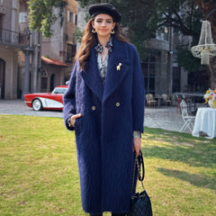 Navy Long Coat — Wool + Mohair, Double-Breasted