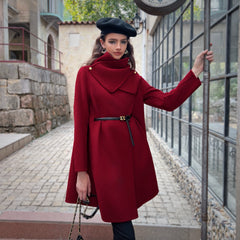 Ruby Red Funnel-Neck Belted A-Line Coat - Dabuwawa
