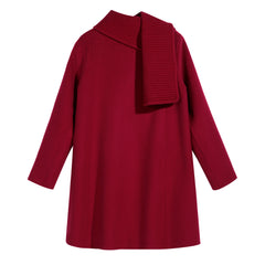 Ruby Red Funnel-Neck Belted A-Line Coat - Dabuwawa