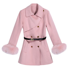 Belted A-Line Coat with Fur Cuffs - Dabuwawa