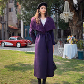 Deep Purple Wool-Blend Wrap Coat with Faux Shearling Shawl