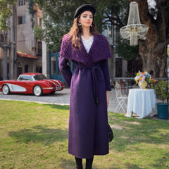 Deep Purple Wool-Blend Wrap Coat with Faux Shearling Shawl