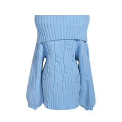 Cozy Off Shoulder Cable Knit Sweater, Chunky Oversized Bardot Jumper in Baby Blue or Cream